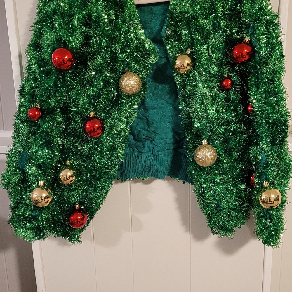 Tipsy Elves Green Christmas Cardigan with Red and Gold Ornaments